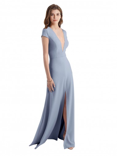 Plunging V-Neck Cap Sleeves Stretch Crepe Bridesmaid Dress / Prom Dress with Front Slit Glasgow