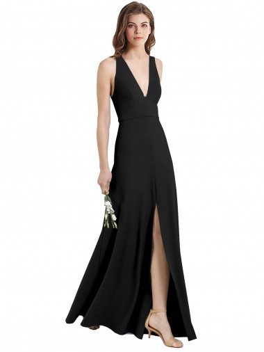Sleek Halter V-Neck Long A-Line Stretch Formal Crepe Bridesmaid Dress / Prom Dress with Front Slit Glasgow