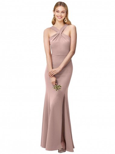Long Floor Length High Neck Fit and Flare Stretch Crepe Bridesmaid Dress / Prom Dress with Side Slit Glasgow