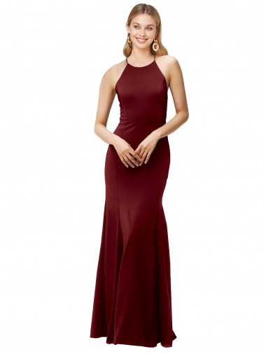 Fit and Flare Halter Neckline Stretch Formal Crepe Bridesmaid Dress / Prom Dress with Strappy Back Glasgow