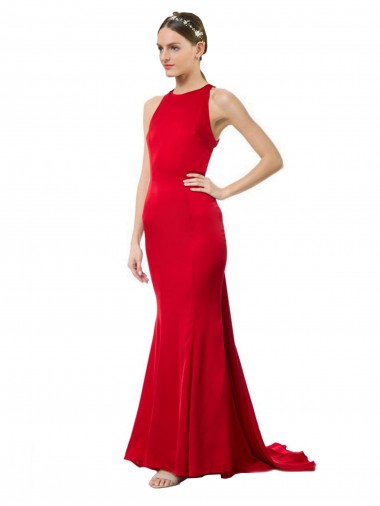 High Neck Mermaid Open Back Formal Crepe Maxi Bridesmaid Dress / Prom Dress with Train Detail Glasgow