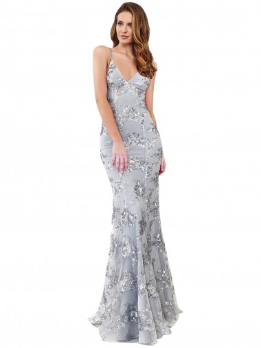 Silver V-Neckline Backless Floral Patterned Sequin Formal Bridesmaid Dress / Prom Dress Glasgow