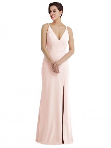Skinny Strap Deep V-Neck Trumpet Formal Crepe Bridesmaid Dress / Prom Dress with Front Slit Glasgow