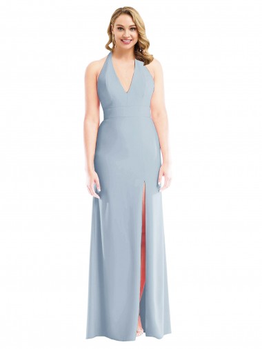 Plunge Neck Halter Backless Trumpet Bridesmaid Dress / Prom Dress with Front Slit Glasgow