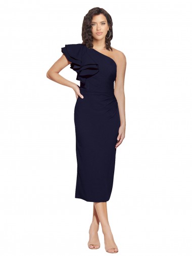 Ruched Midi Length Short Cocktail Formal Crepe Bridesmaid Dress / Prom Dress with Shoulder Ruffles Glasgow