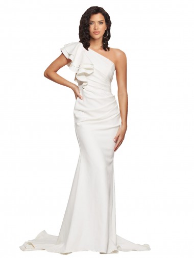 Ruched Long Sweep Train Crepe Bridesmaid Dress / Prom Dress with Shoulder Ruffles Glasgow
