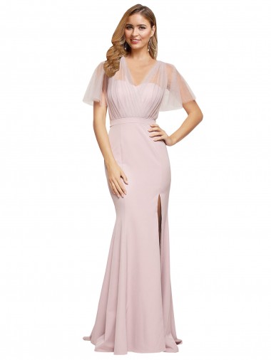 Crepe Long Sweetheart Neckline Formal Bridesmaid Dress / Prom Dress with Tulle Overlay Shoulders Glasgow