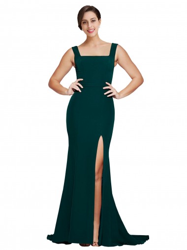 Fitted Square Neck Long Crepe Bridesmaid Dress / Prom Dress with Train and Side Split Glasgow