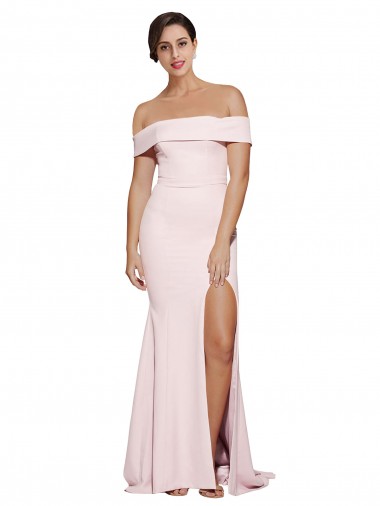 Off Shoulder Long Formal Crepe Bridesmaid Dress / Prom Dress with Straight Neckline and Side Split Glasgow