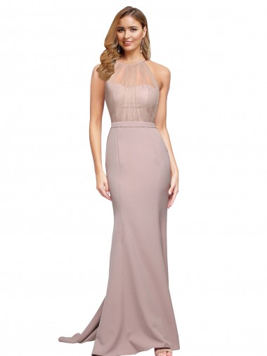 Long Sweetheart Formal Crepe Bridesmaid Dress / Prom Dress with High Neck Illusion Tulle Details Glasgow