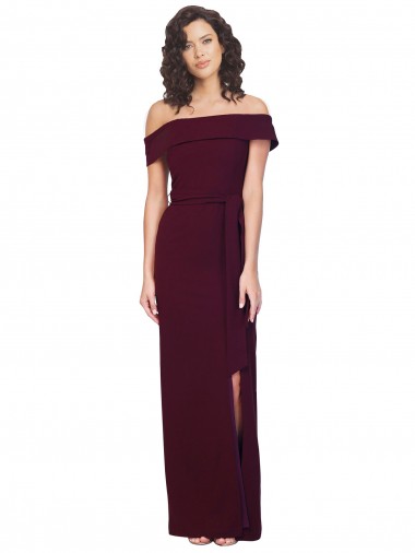 Fitted Full Length Off the Shoulder Formal Crepe Bridesmaid Dress / Prom Dress with Side Split and Waist Tie Glasgow