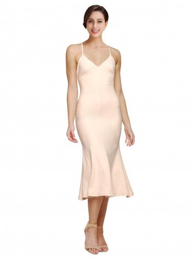 Midi Cocktail Length V-Neckline Crepe Bridesmaid Dress / Prom Dress with Thin Straps and Fulted Skirt Glasgow