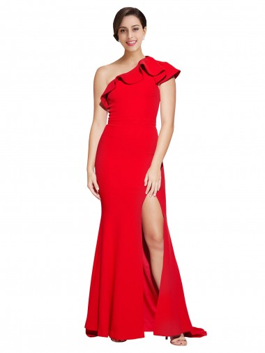 One Shoulder Long Sweep Train Crepe Bridesmaid Dress / Prom Dress with Thigh High Split Glasgow