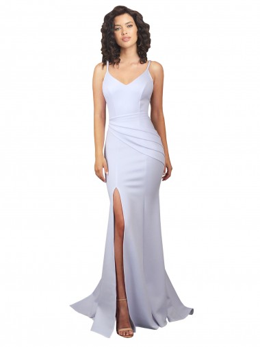 Simple Mermaid V-Neck Long Crepe Beach Wedding Dress with Right Slit Glasgow