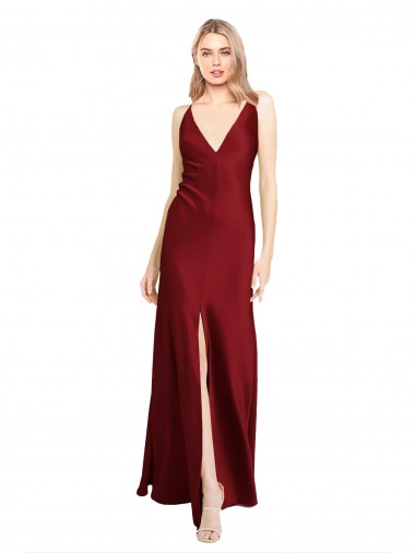 Floor Length Deep V-Back Formal Stretch Satin Bridesmaid Dress / Prom Dress with Front Slit Glasgow