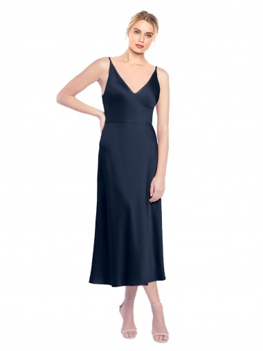 V-Neck Midi Length Short Cocktail Formal Stretch Satin Bridesmaid Dress / Prom Dress V-Back Glasgow