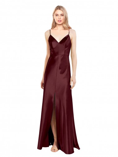 Sleek Spaghetti Straps V-Neck Formal Stretch Satin Bridesmaid Dress / Prom Dress with Center Front Slit Glasgow