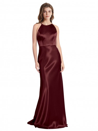 High Neck Halter Long Sleeveless Formal Stretch Satin Bridesmaid Dress / Prom Dress with Strappy Back Glasgow