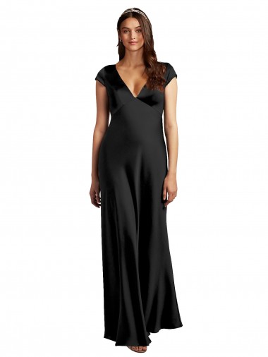 Plunging V-Neck Cap Cleeves Long Formal Stretch Satin Bridesmaid Dress / Prom Dress with Keyhole Back Glasgow
