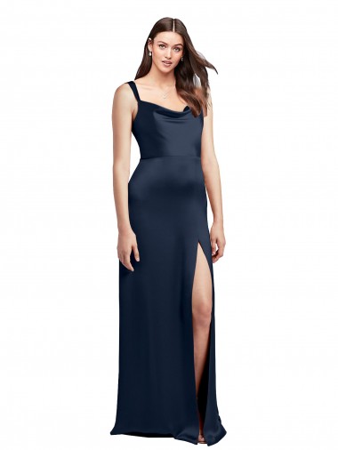 Cowl Neck Soft Long Formal Stretch Satin Bridesmaid Dress / Prom Dress with Side Slit and Pleated Straps Glasgow