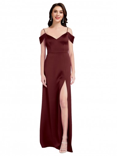 Draped Off the Shoulder Sleeves Slim A-Line Formal Stretch Satin Bridesmaid Dress / Prom Dress with Side Slit Glasgow