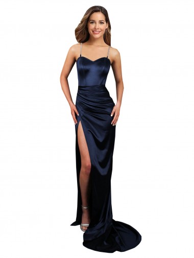 Pleated Sash Skirt Long Formal Stretch Satin Bridesmaid Dress / Prom Dress with High Slit Glasgow