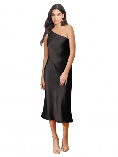 Sleek One Shoulder Midi Length Short Cocktail Formal Stretch Satin Slip Bridesmaid Dress / Prom Dress Glasgow
