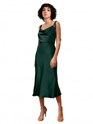 Spaghetti Straps Tie Shoulders Cowl Neck Short Midi Length Formal Stretch Satin Cocktail Bridesmaid Dress / Prom Dress Glasgow