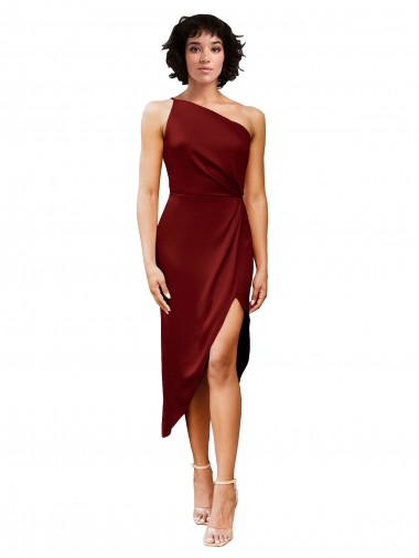 One Shoulder Cocktail Midi Length Short Formal Stretch Satin Wrap Style Bridesmaid Dress / Prom Dress Glasgow
