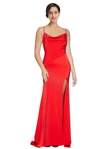 Low Back Cowl Neck Formal Stretch Satin Bridesmaid Dress / Prom Dress with High Side Slit Glasgow