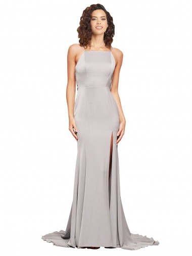 High Neck Low Back Long Full Length Formal Stretch Satin Bridesmaid Dress / Prom Dress Glasgow