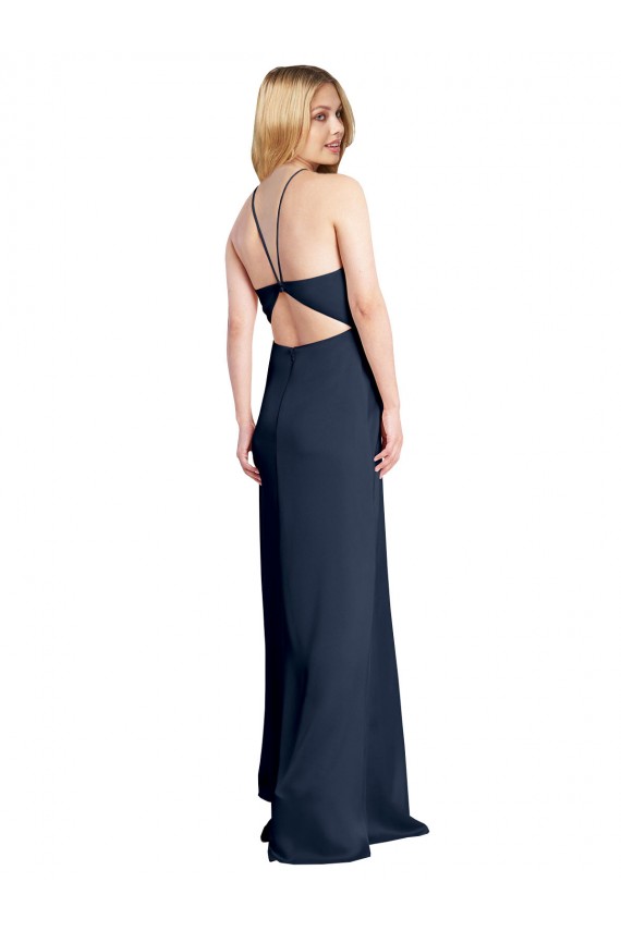Halter Neckline Long Formal Stretch Satin Bridesmaid Dress / Prom Dress with Strappy Back and Side Slit