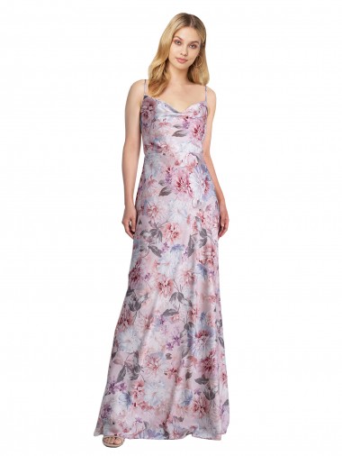 Draped Cowl Neck Long Printed Formal Stretch Satin Bridesmaid Dress Glasgow