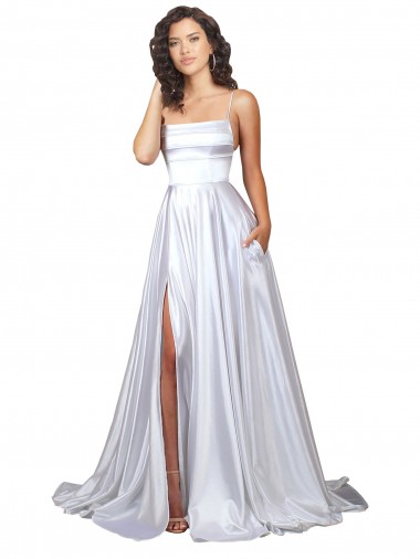 Simple A-Line Corset Style Pleated Long Stretch Satin Beach Wedding Dress with High Slit Glasgow