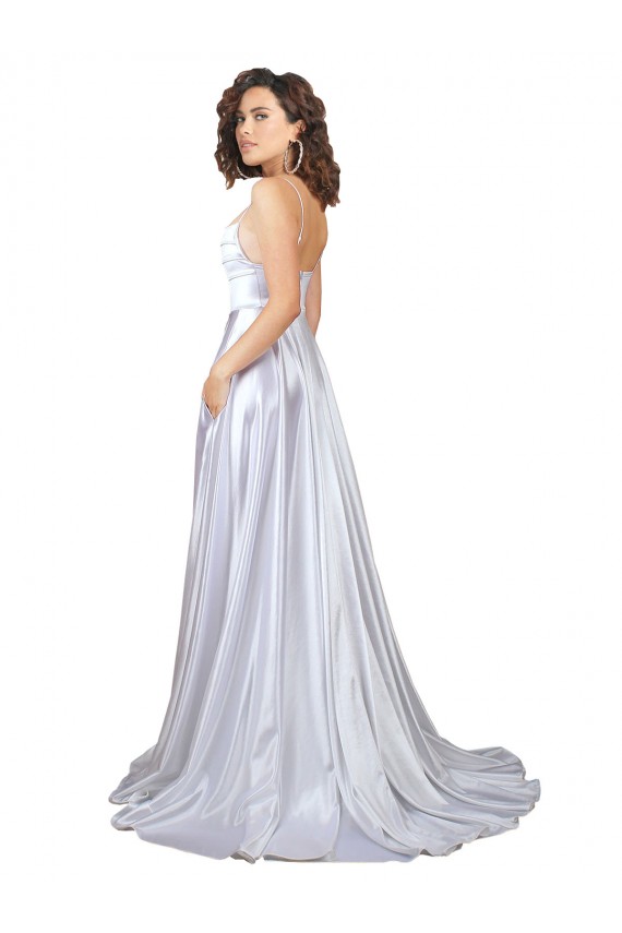Simple A-Line Corset Style Pleated Long Stretch Satin Beach Wedding Dress with High Slit