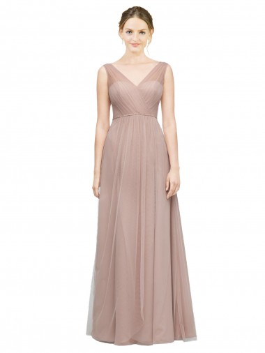 Full Length Draped Long V-Neck Tulle Bridesmaid Dress Glasgow