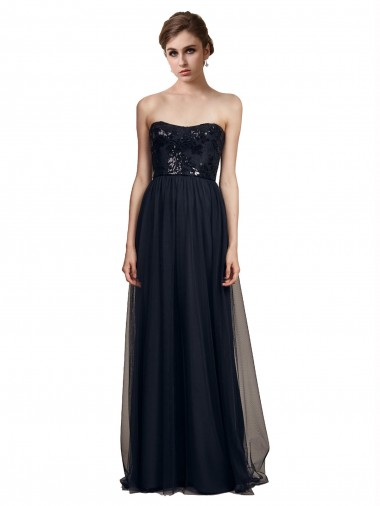 Strapless Sequined Lace Long Bridesmaid Dress with Pleats Glasgow
