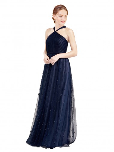 Floor Length Long Halter Pleated Tulle Bridesmaid Dress Glasgow