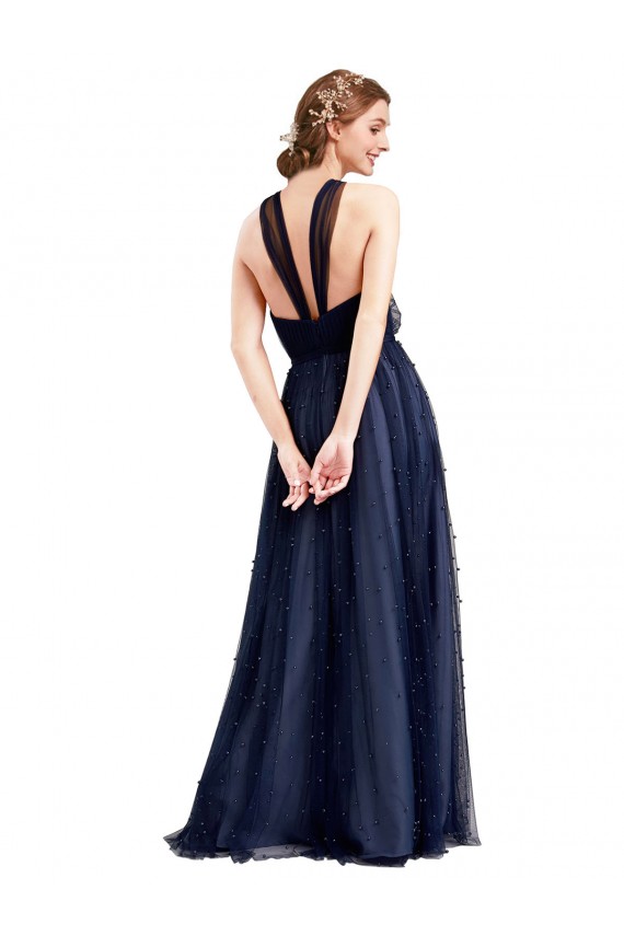 Floor Length Long Halter Pleated Tulle Bridesmaid Dress