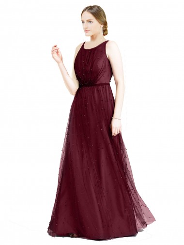 Sleeveless Boat Neck Long Pearl Tulle Bridesmaid Dress with Keyhole Back Glasgow