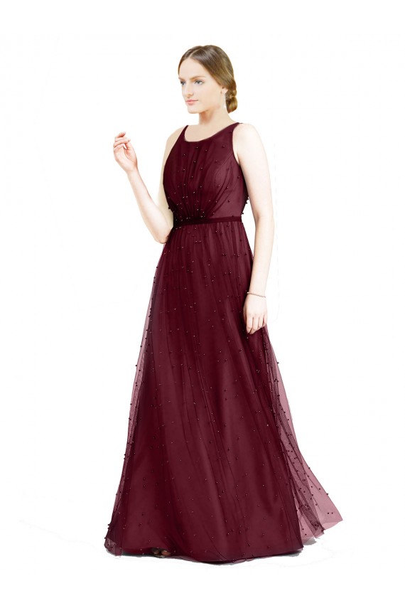 Sleeveless Boat Neck Long Pearl Tulle Bridesmaid Dress with Keyhole Back