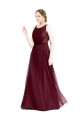 Sleeveless Boat Neck Long Pearl Tulle Bridesmaid Dress with Keyhole Back