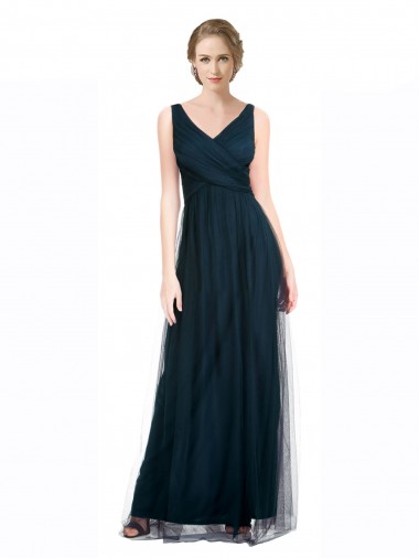 Full Length Long Tulle Bridesmaid Dress with V-Neck Criss-Cross Ruched Top Glasgow