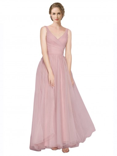 Long Floor Length Wide Strap Plunge Cross Over Neckline Tulle Bridesmaid Dress Glasgow