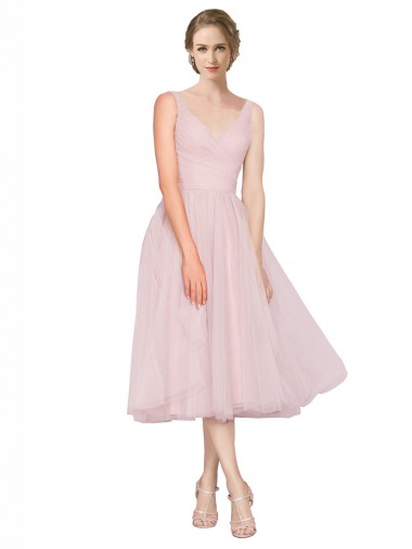 Short Tea Length Wide Strap Plunge Cross Over Neckline Tulle Cocktail Bridesmaid Dress Glasgow