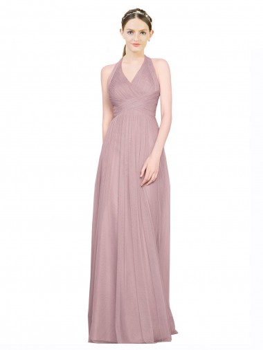 Ruffled Halter V-Neck Long Tulle Bridesmaid Dress with Pleats Glasgow