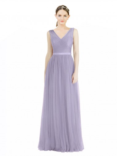 Wide Straps V-Neck Long Tulle Bridesmaids with Belt Glasgow