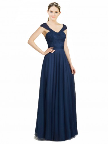 Ruched Sweetheart Long A-Line Tulle Bridesmaid Dress with Wide Straps and Tie Back Glasgow