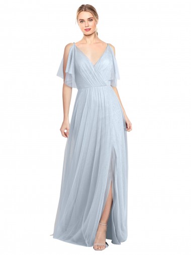 Floor Length Flutter Sleeves Long Tulle Bridesmaid Dress with Side Slit Glasgow