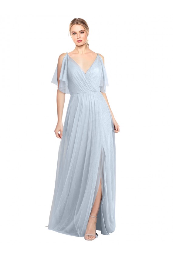 Floor Length Flutter Sleeves Long Tulle Bridesmaid Dress with Side Slit